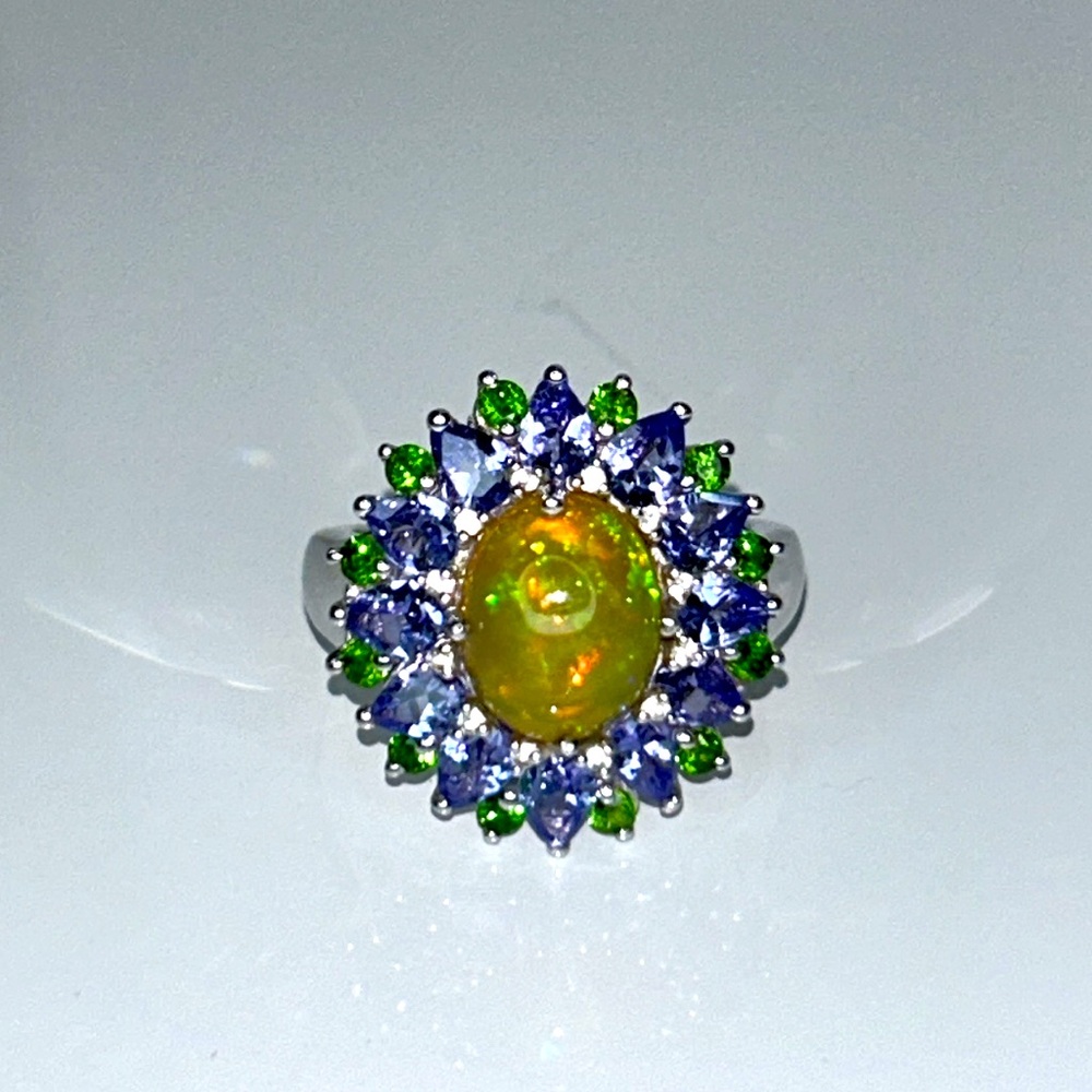 NWOT Sterling Silver Ethiopian Opal Chrome Diopside Tanzanite Designer Ring Boho